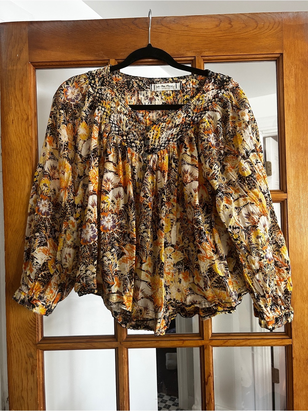 We The Free Floral Boho Peasant Blouse - Yellow, Brown, Cream